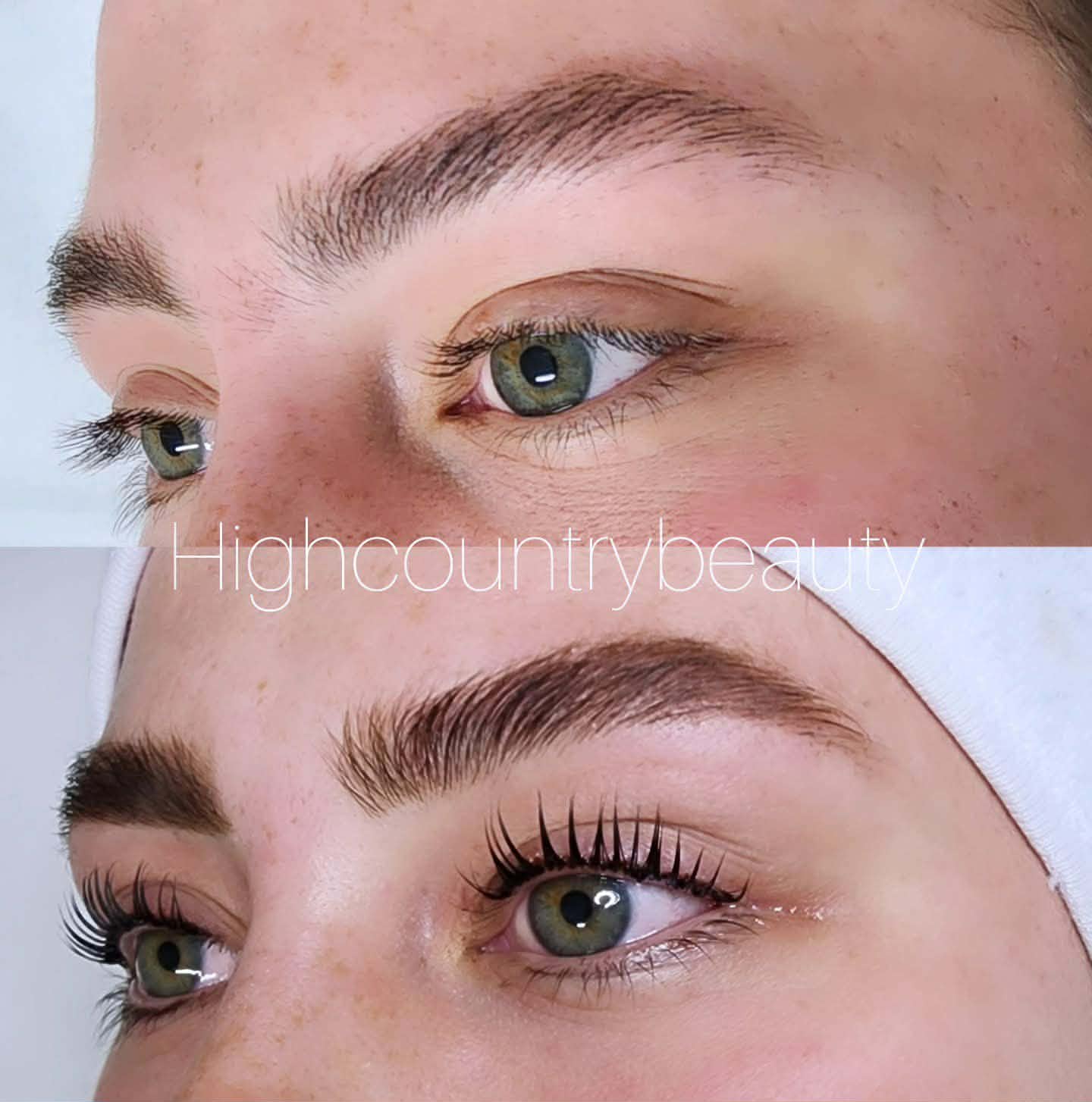 Client's lashes and brows before (top) and after (bottom) a lash lift and brow treatment