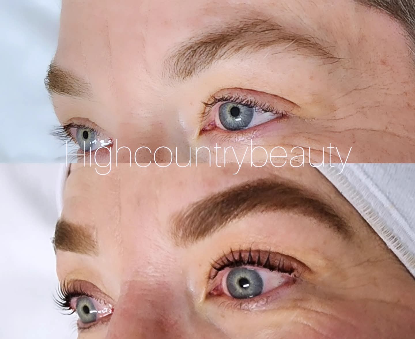 Client's lashes and brows before (top) and after (bottom) a lash lift and brow treatment