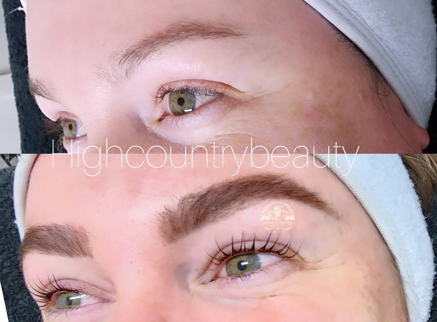 Client's lashes and brows before (top) and after (bottom) a lash lift and brow treatment