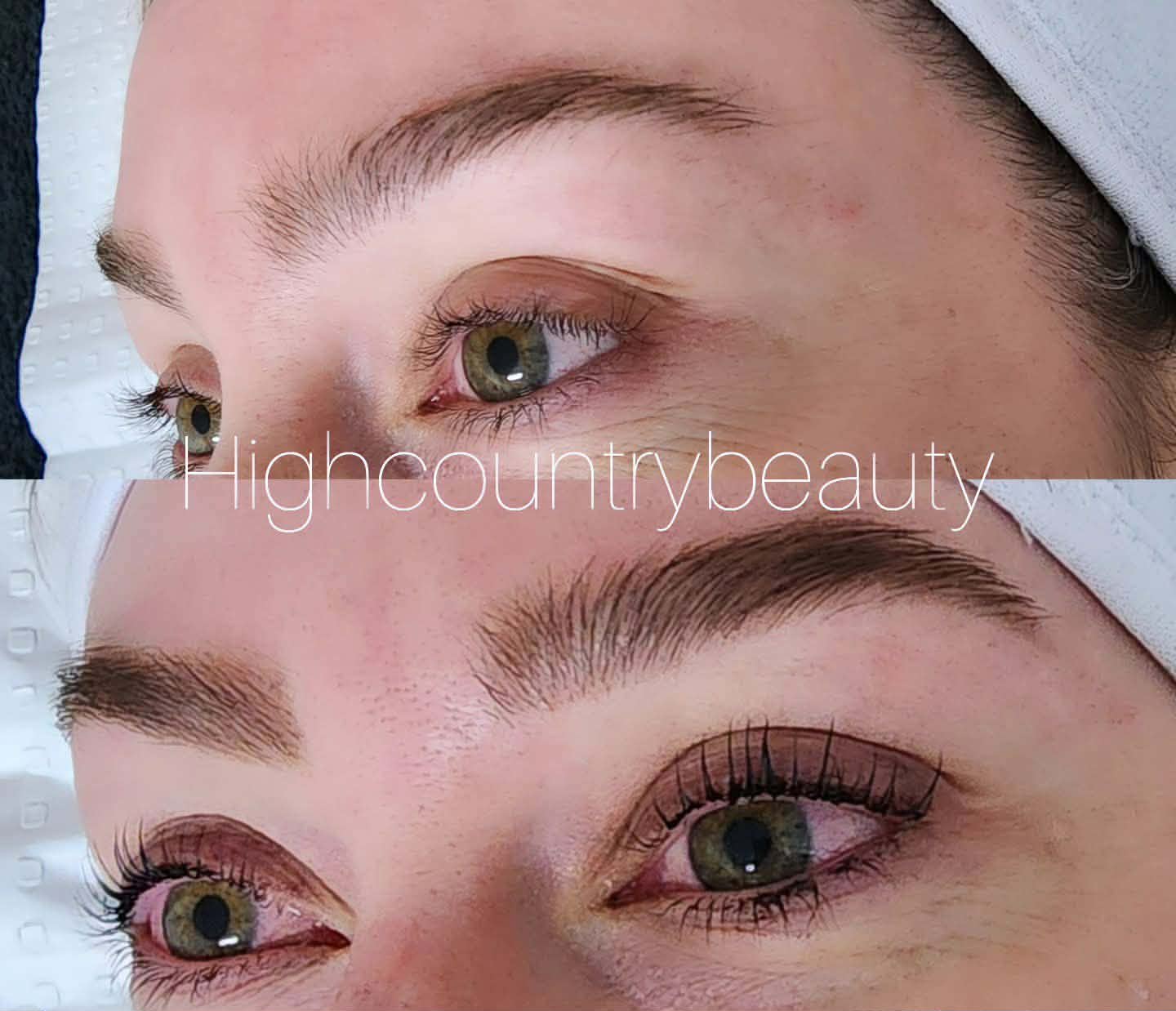 Client's lashes and brows before (top) and after (bottom) a lash lift and brow treatment
